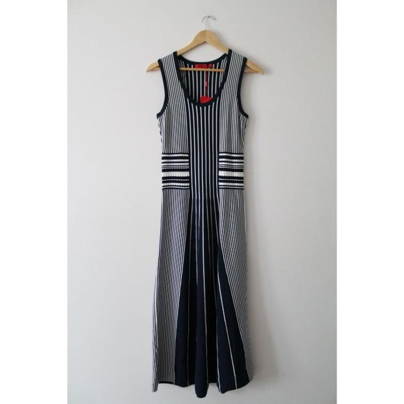 Hugo Boss Silbiana Stretch Maxi Dress Grey Fantasy Navy Blue White Size Medium - Picture 3 of 6